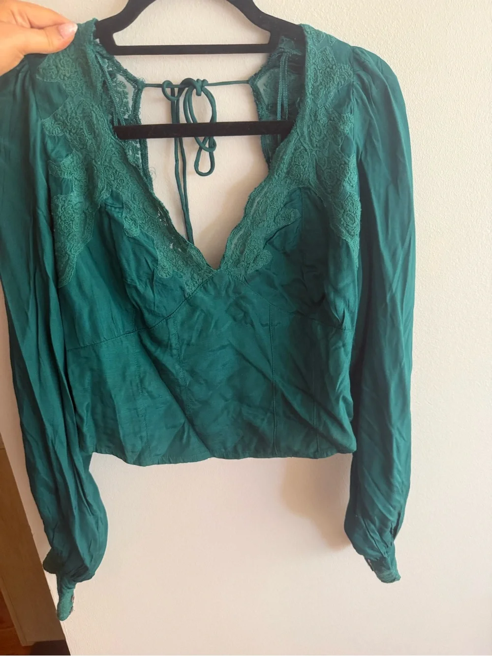 Free People Teal Lace-Trim V-Neck Blouse